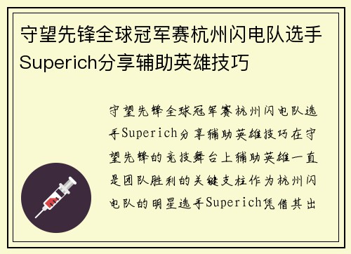 守望先锋全球冠军赛杭州闪电队选手Superich分享辅助英雄技巧